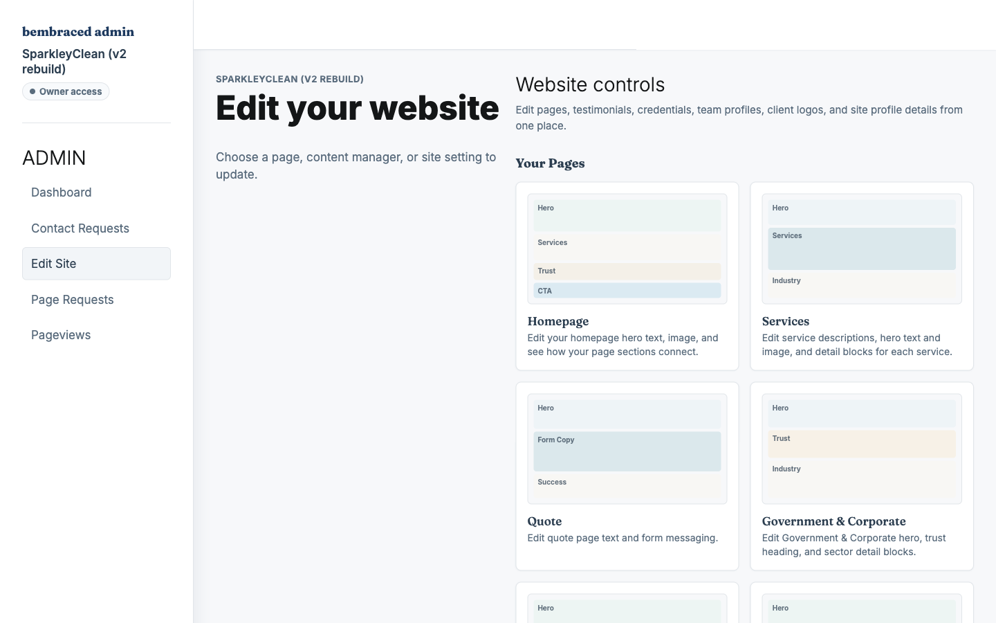 BEmbraced admin edit-site hub showing page and content manager controls.