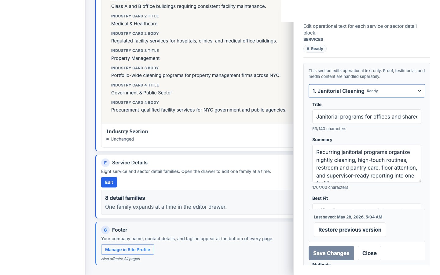 BEmbraced admin services editor showing service detail accordion controls.
