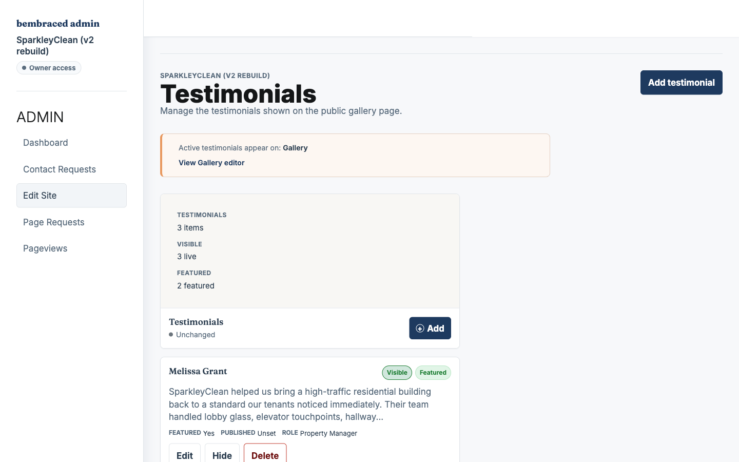 BEmbraced admin testimonial manager showing editable testimonial records.