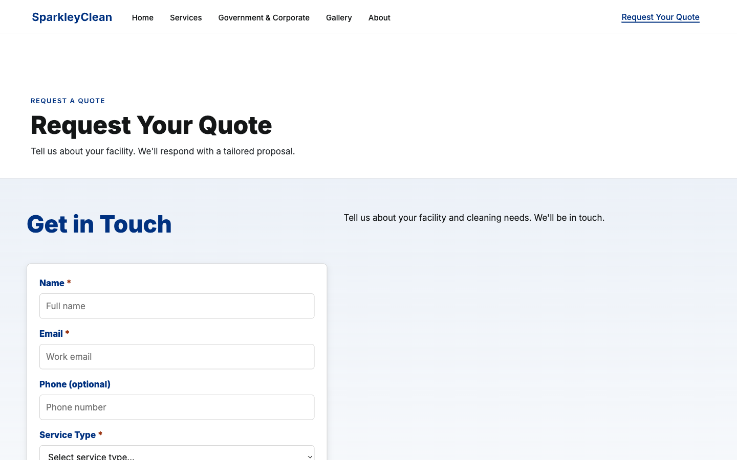 SparkleyClean quote request page screenshot in a desktop browser frame.