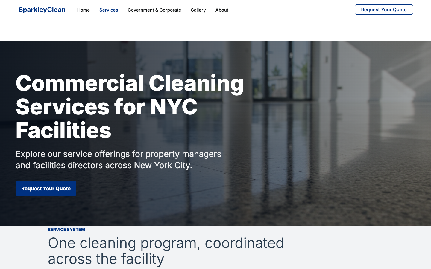 SparkleyClean services page screenshot in a desktop browser frame.